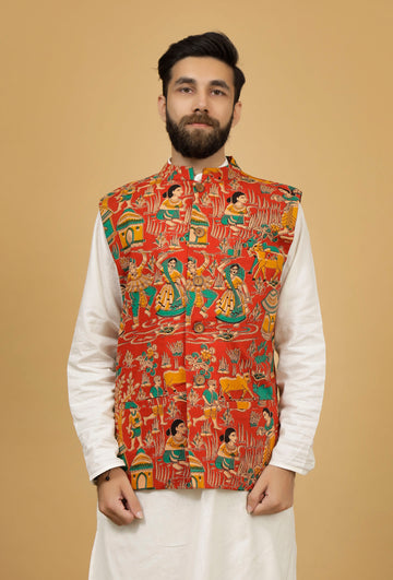 Merry Red Floral Kalamkari Cotton Nehru Jacket